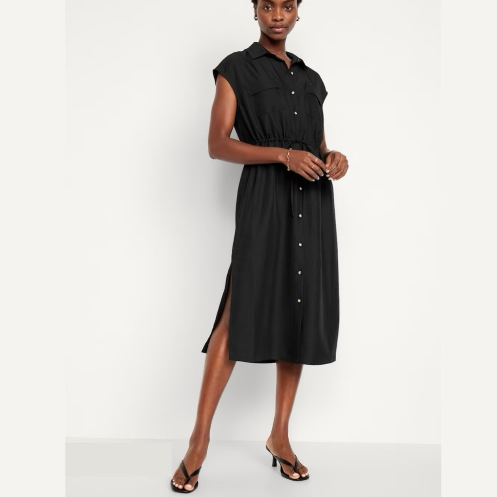 Old Navy Women’s Black Waist-Defined Utility Midi Shirt Dress Sz M - NWT